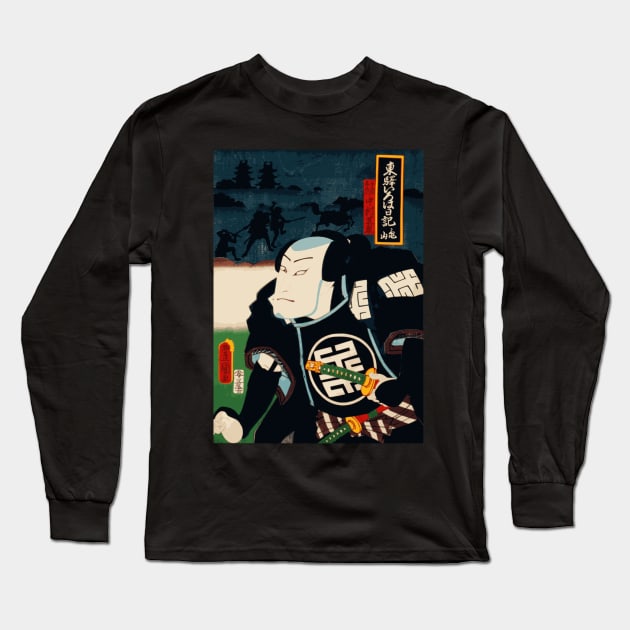 Kabuki Actor As Samurai In Black Armour With Katana Swords #10 Long Sleeve T-Shirt by RCDBerlin